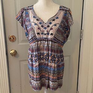 Unity World Wear Boho Embroidered V-Neck Cap Sleeve Top Size L